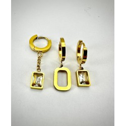 Gold Taş Detaylı Üçlü Küpe